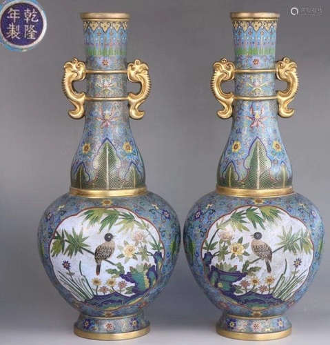 PAIR OF CLOISONNE FLOWER&BIRD PATTERN VASES