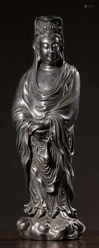 A SILVER CASTED GUANYIN BUDDHA STATUE