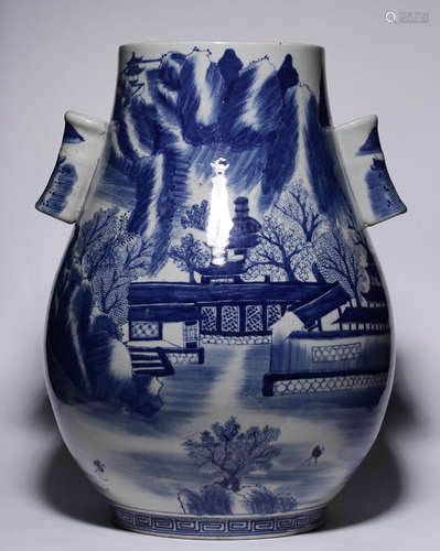 A BLUE&WHITE GLAZE LANDSCAPE PATTERN VASE