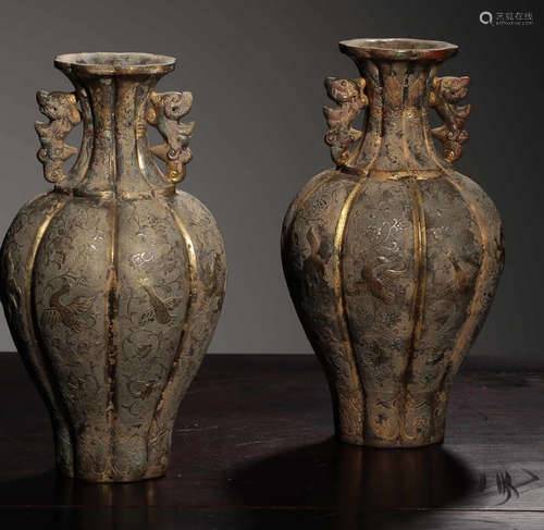 PAIR OF GILT BRONZE CASTED FLORAL PATTERN VASES