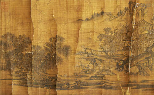 CHINESE SCROLL PAINTING OF MOUNTAIN AND HOUSE VIEWS