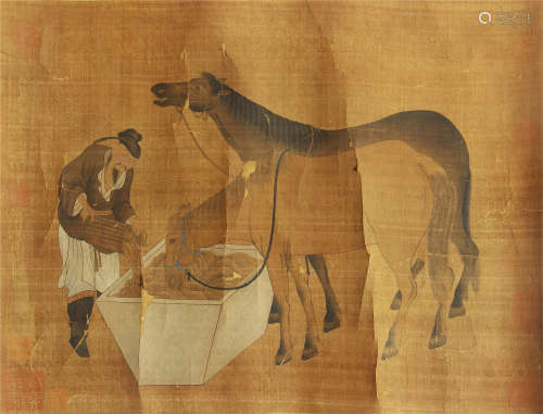 CHINESE SCROLL PAINTING OF FEEDING HORSE