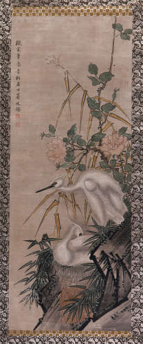 CHINESE SILK HANDSCROLL PAINTING OF DOUBLE CRANE