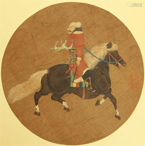 CHINESE SCROLL PAINTING OF MAN RIDING ON HORSE