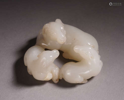 CHINESE WHITE JADE CARVED THREE RAMS PAPER WEIGHT