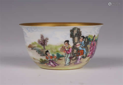 CHINESE FAMILLE ROSE GILT-DECORATED FIGURE AND STORY BOWL