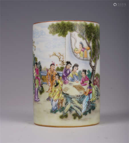 CHINESE FAMILLE ROSE FIGURE AND STORY BRUSH POT