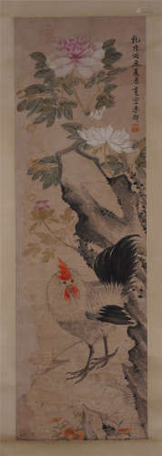 CHINESE INK AND COLOR PAINTING OF ROOSTER AND FLOWER