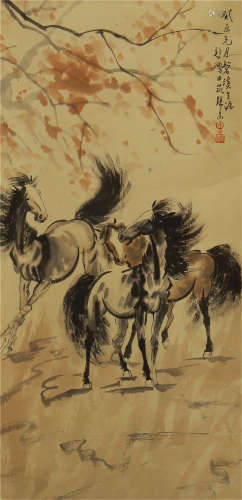 CHINESE SCROLL PAINTING THREE HORSES BY XUBEIHONG
