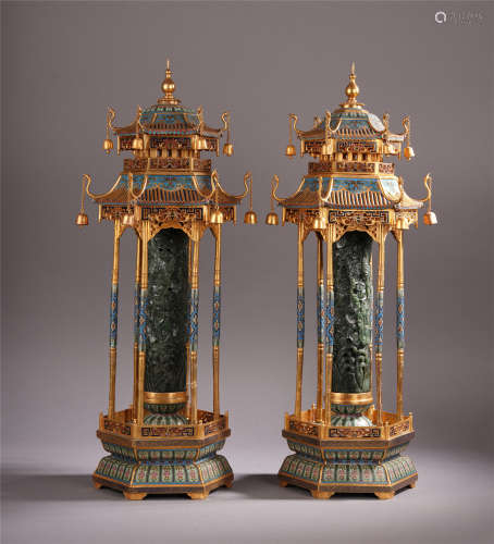 A PAIR OF CHINESE CLOISONNE SPINACH JADE CARVED INCENSE CAGES