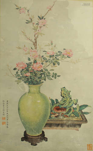 CHINESE SCROLL PAINTING FLOWER AND VASE BY JIANGTINGXI