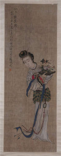 CHINESE SILK HANDSCROLL PAINTING OF BEAUTY AND FLOWERS