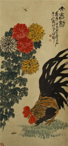 CHINESE SCROLL PAINTING OF COCK AND FLOWER BY QIBAISHI