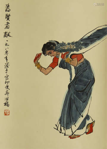 CHINESE SCROLL PAINTING OF LADY DANCING BY QIANYU