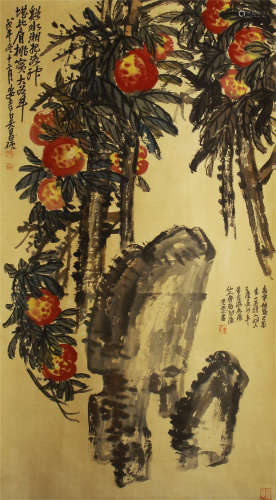 CHINESE SCROLL PAINTING OF TREE AND STONE