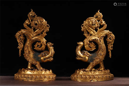 PAIR OF CHINESE GILT BRONZE CAST RITUAL INSTRUMENTS