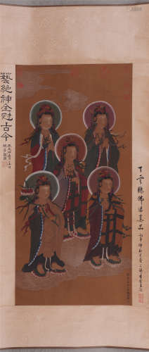 CHINESE SILK HANDSCROLL PAINTING OF STAND GUANYIN BY DING YUNPENG