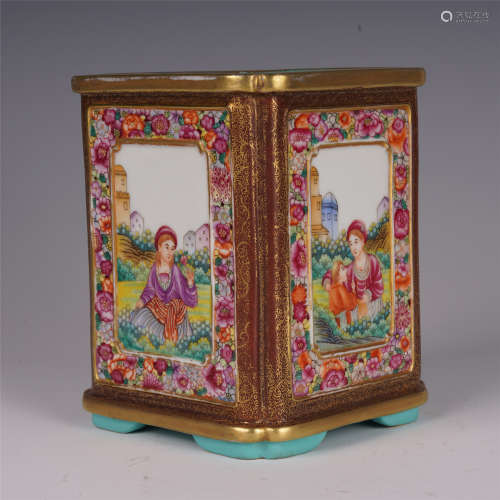 CHINESE ENAMEL FLOWER FIGURE AND STORY SQUARE BRUSH POT