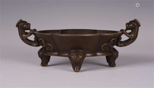 CHINESE BRONZE DOUBLE DRAGON HANDLE FOUR FEET CENSER