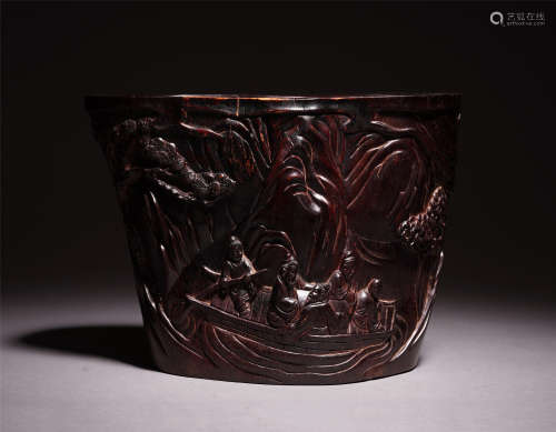 CHINESE ROSEWOOD CARVED FIGURE BRUSH POT