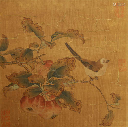 CHINESE SCROLL PAINTING OF BIRD STANDING ON APPLE BRANCE