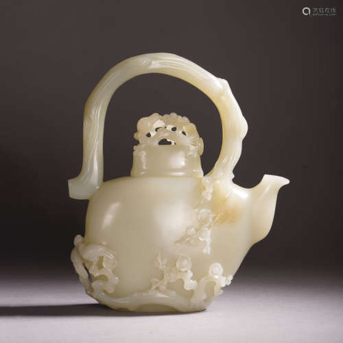 CHINESE WHITE JADE CARVED FLOWER LONG HANDLE KETTLE