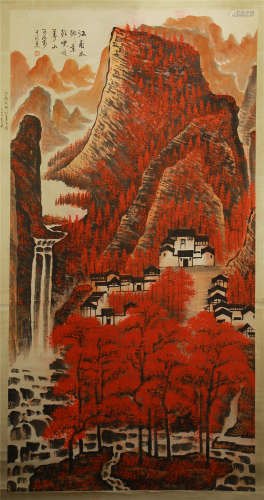 CHINESE SCROLL PAINTING OF MOUNTAIN AND HOUSE BY LIKEQI