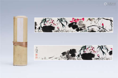 A CHINESE HANDSCROLL PAINTING OF LOTUS INK ON PAPER