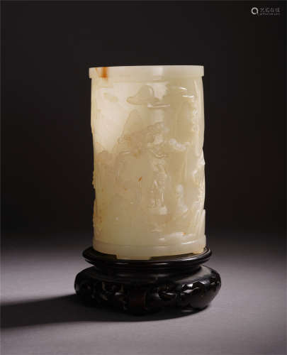 CHINESE WHITE JADE CARVED FIGURE AND STORY BRUSH POT