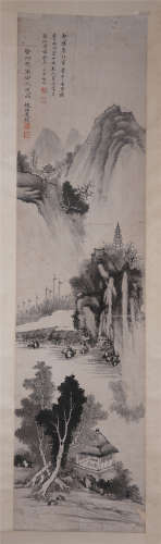 CHINESE HANGING SCROLL INK PAINTING OF MOUNTAIN VIEWS