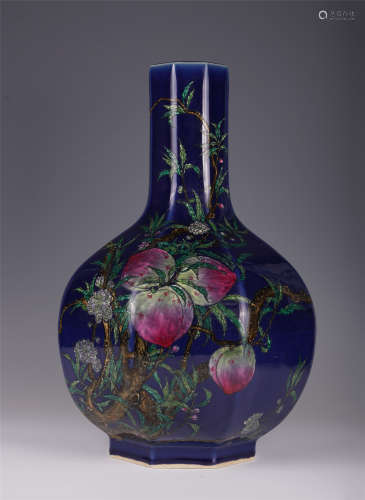 CHINESE BLUE GROUND FAMILLE ROSE TIANQIU VASE