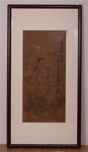 CHINESE SCROLL PAINTING IN FRAME OF SEATED BODHISATTVA