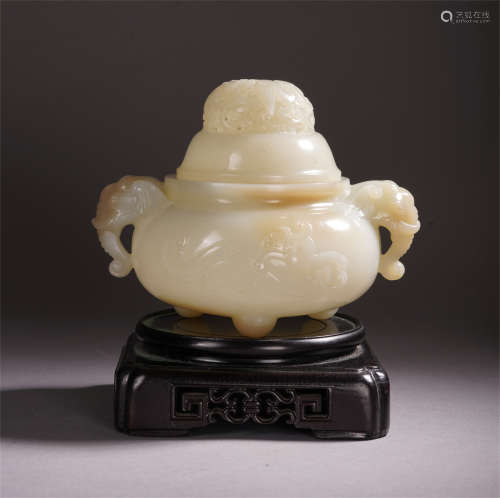 CHINESE WHITE JADE CARVED DOUBLE HANDLE LIDDED CENSER