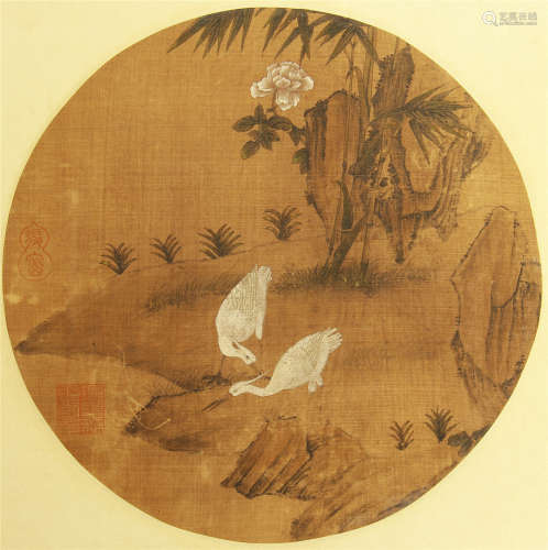 CHINESE SCROLL PAINTING OF CRANE PLAYING BESIDES RIVER