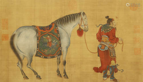 CHINESE SCROLL PAINTING OF PERSON LEAD A HORSE