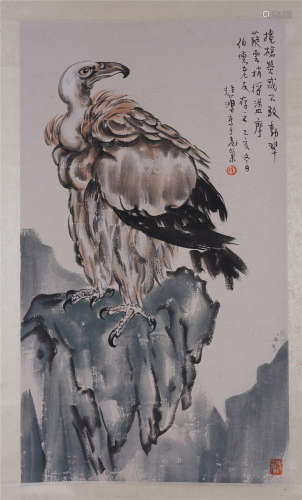 CHINESE INK AND COLOR PAINTING OF EAGLE ON ROCK