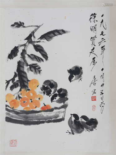 CHINESE INK AND COLOR PAINTING OF CHICK & FRUIT