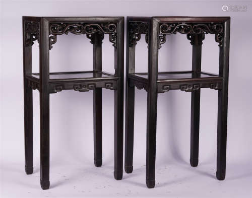 PAIR OF CHINESE ROSEWOOD CARVED SQUARE FLOWERS TABLE