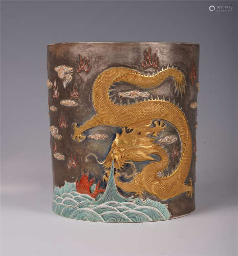 CHINESE FAMILLE ROSE CARVED DRAGON BRUSH POT