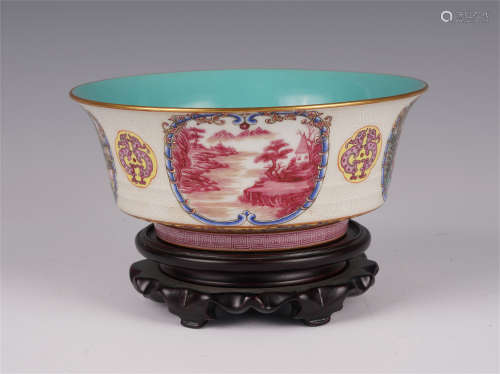 CHINESE ENAMEL FLOWER FIGURE AND STORY OGEE-FORM BOWL