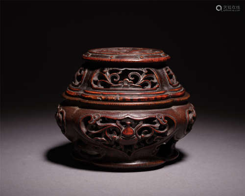 CHINESE CARVED BAMBOO OPENWORK SHAPED INCENSE CAGE