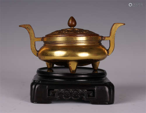 CHINESE GILT BRONZE TWIN EVERTED HANDLES CENSER