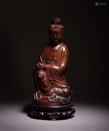 CHINESE BOXWOOD CARVED SEATED GUANYIN STATUE