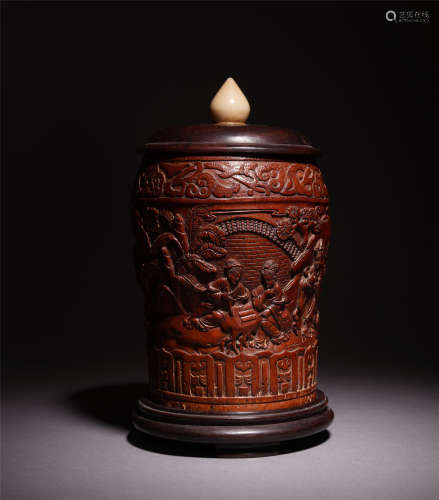 CHINESE BAMBOOCARVING FIGURE AND STORY LIDDED JAR
