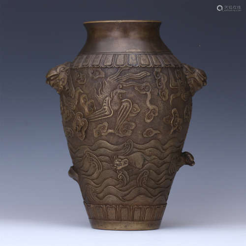 CHINESE COPPER CARVED DOUBLE HANDLE VASE