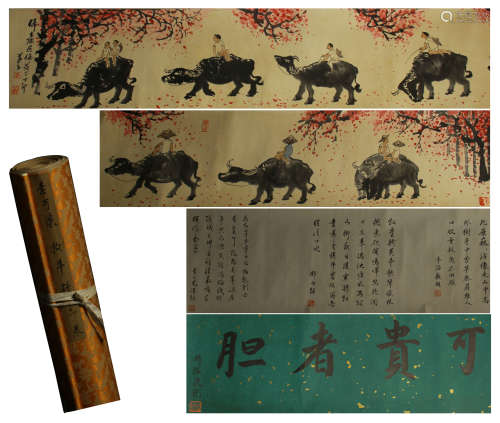 CHINESE SCROLL PAINTING GRAZE CATTLE TU AND CALLIGRAPHIC BY LIKEQI
