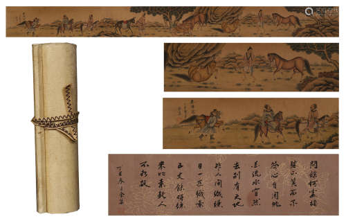CHINESE SCROLL PAINTING OF RIDING HORSE TRAVELLING BY DINGYACHUN