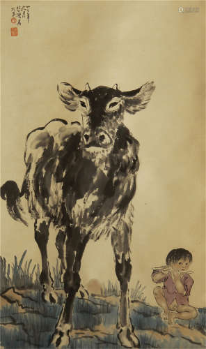 CHINESE SCROLL PAINTING OF BOY AND CATTLE BY XUBEIHONG