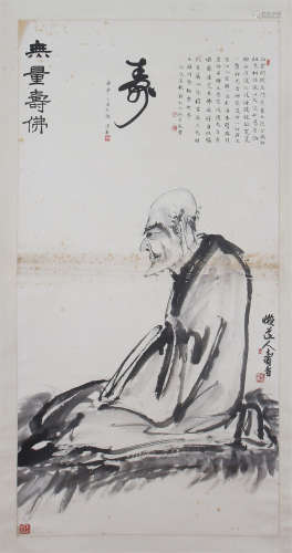 CHINESE HANGING SCROLL INK PAINTING OF SEATED ARHAT