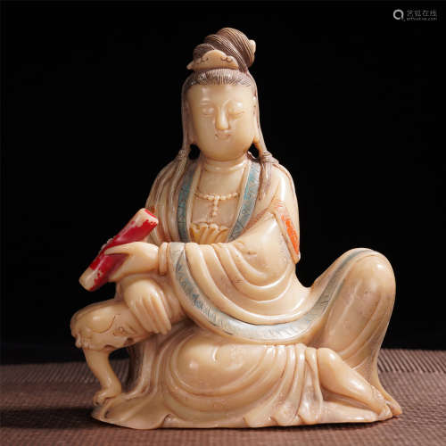 CHINESE SOAP STOUE CARVED SEATED GUANYIN